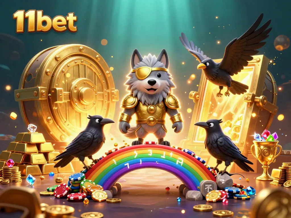 Immerse in the world of 11bet as a Norse-inspired wolf stands before a casino chip bridge, showcasing thrilling gaming treasures.
