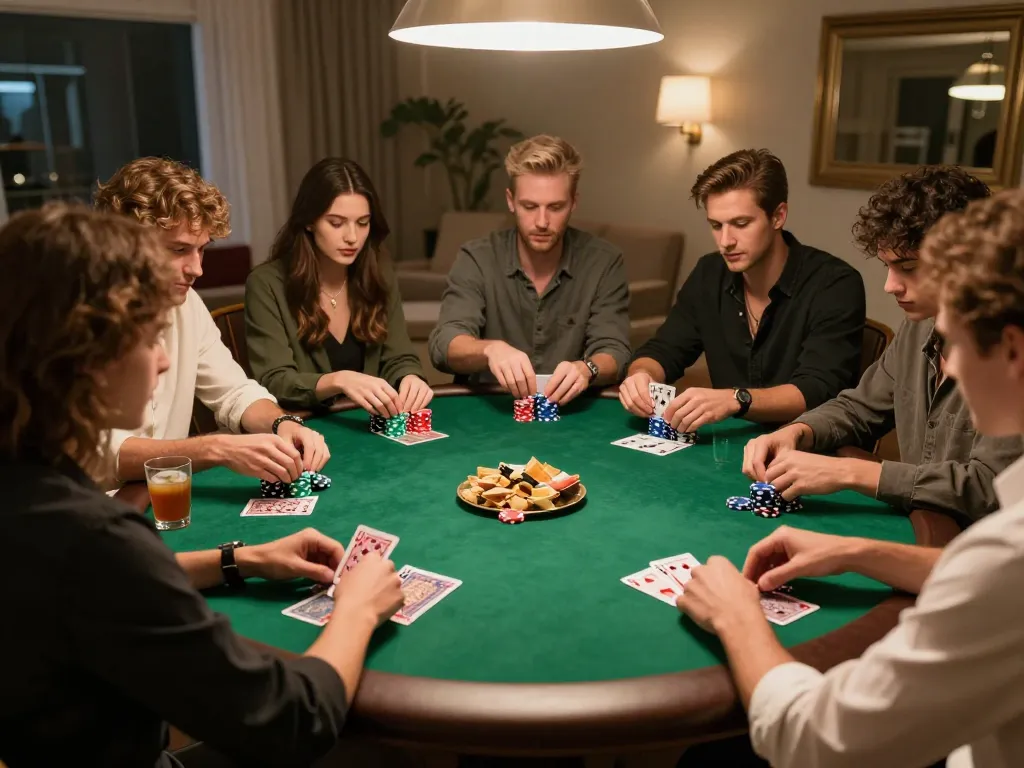 Nhà cái QQ88 gaming scene with friends enjoying a vibrant poker night at home, focused on strategy and social interaction.