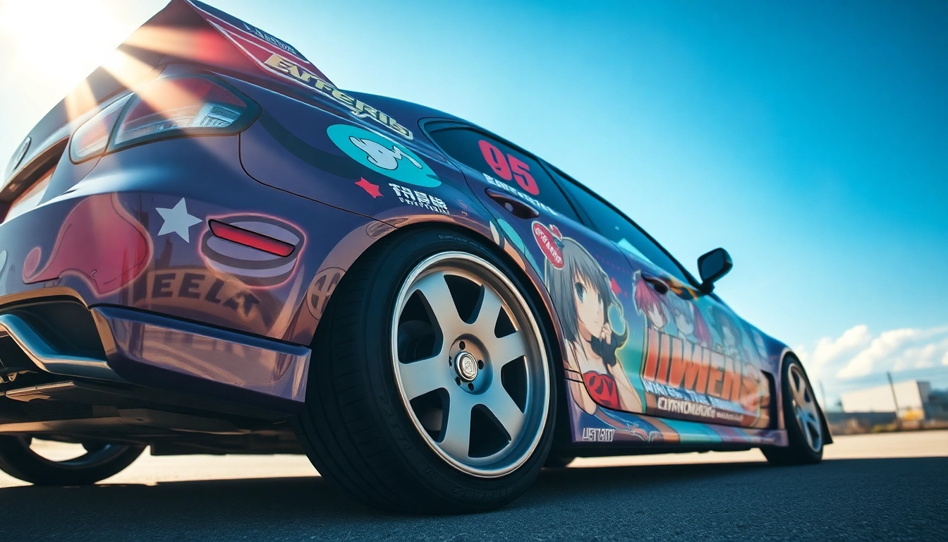 Showcasing a creative car itasha with colorful anime graphics wrapped around its body.