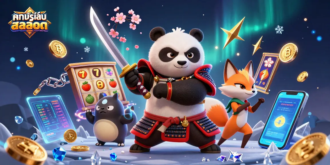 Experience ทดลองเล่นสล็อต with dynamic gaming scenes featuring samurai panda, ninja fox, and spirit tanuki.