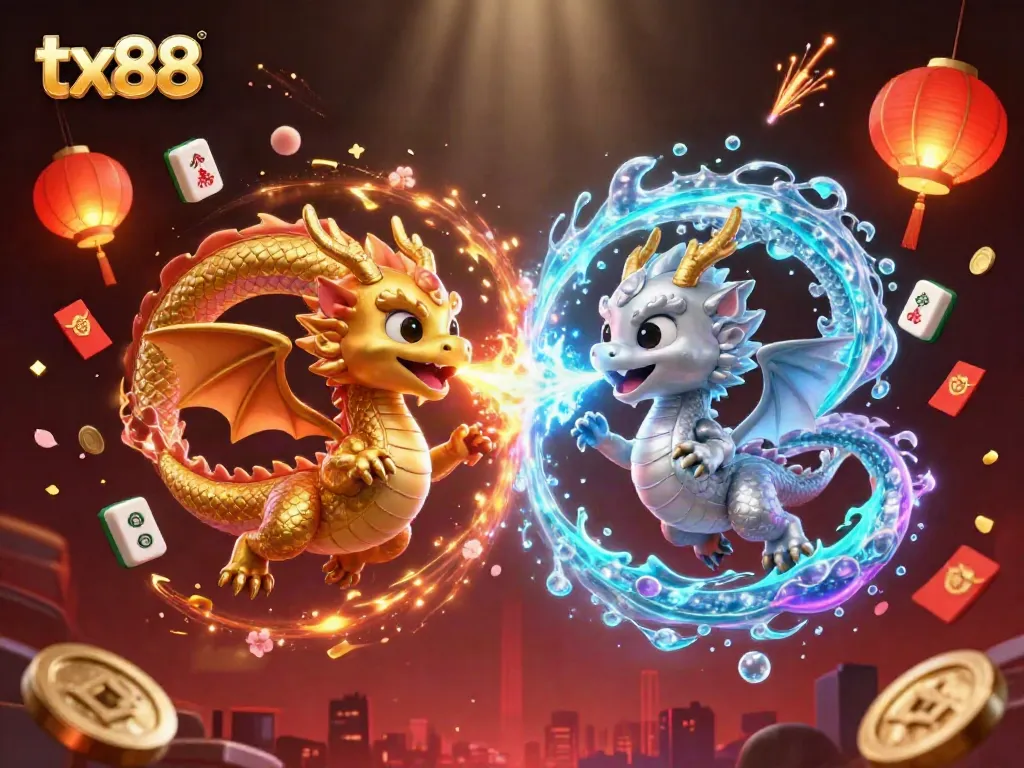 Experience the thrilling action of tx88 with vibrant dragons and gambling elements in a stunning 3D artwork.