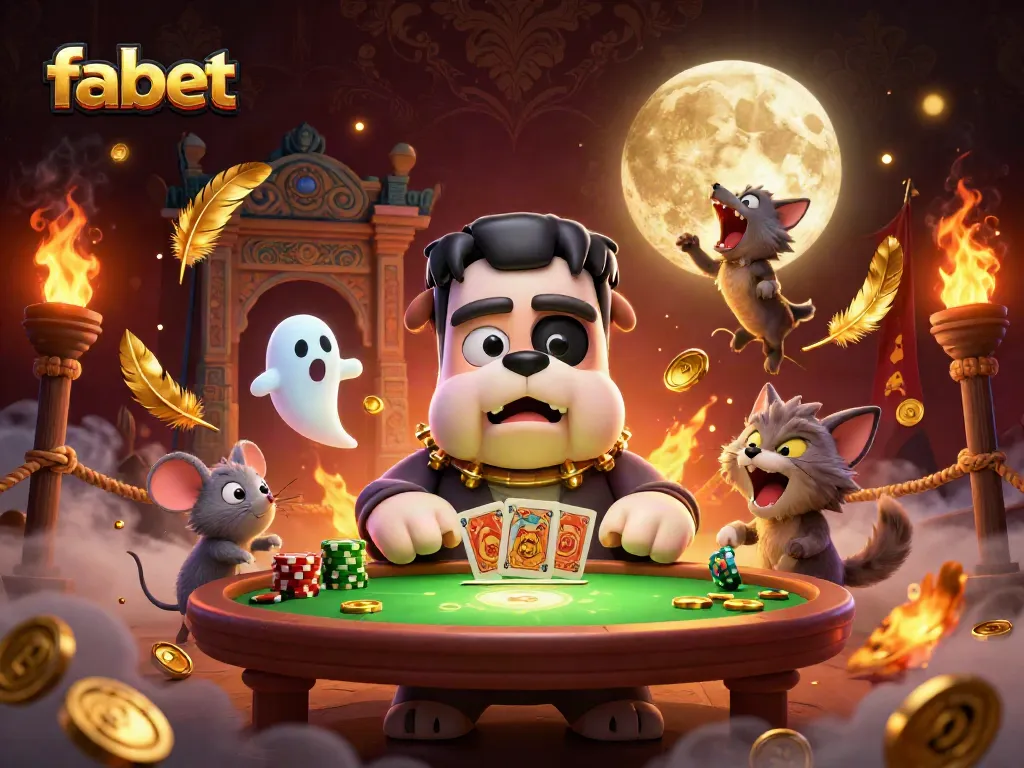 Join the action with fabet as a Frankenstein bulldog monster deals cards in a vibrant casino scene.