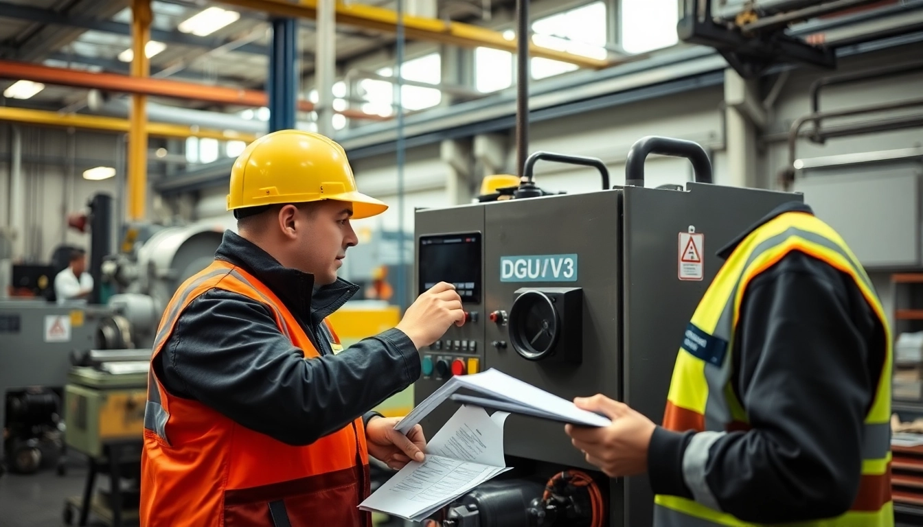 Technician conducting DGUV V3 Prüfung on electrical equipment for safety compliance.