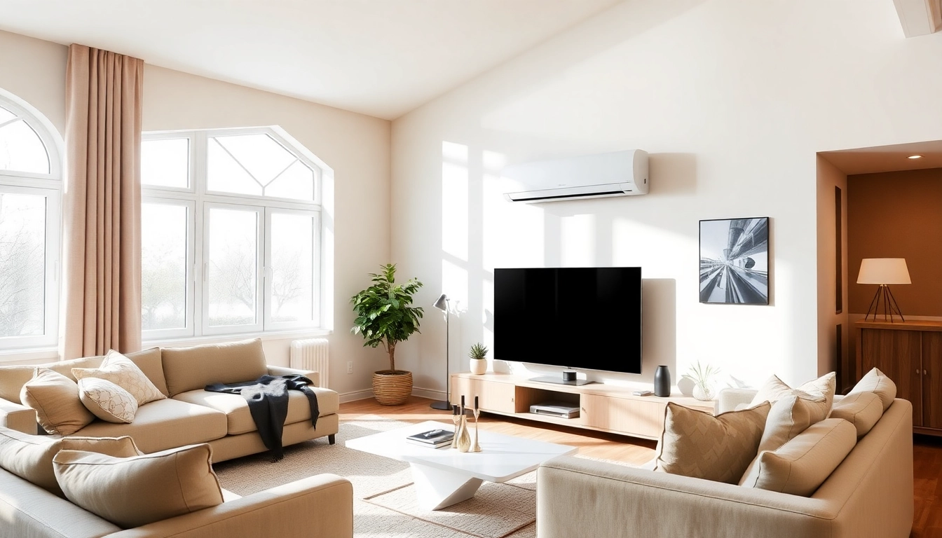 Showcase a premium Klimaanlage in a stylish living room setting, highlighting its design features.