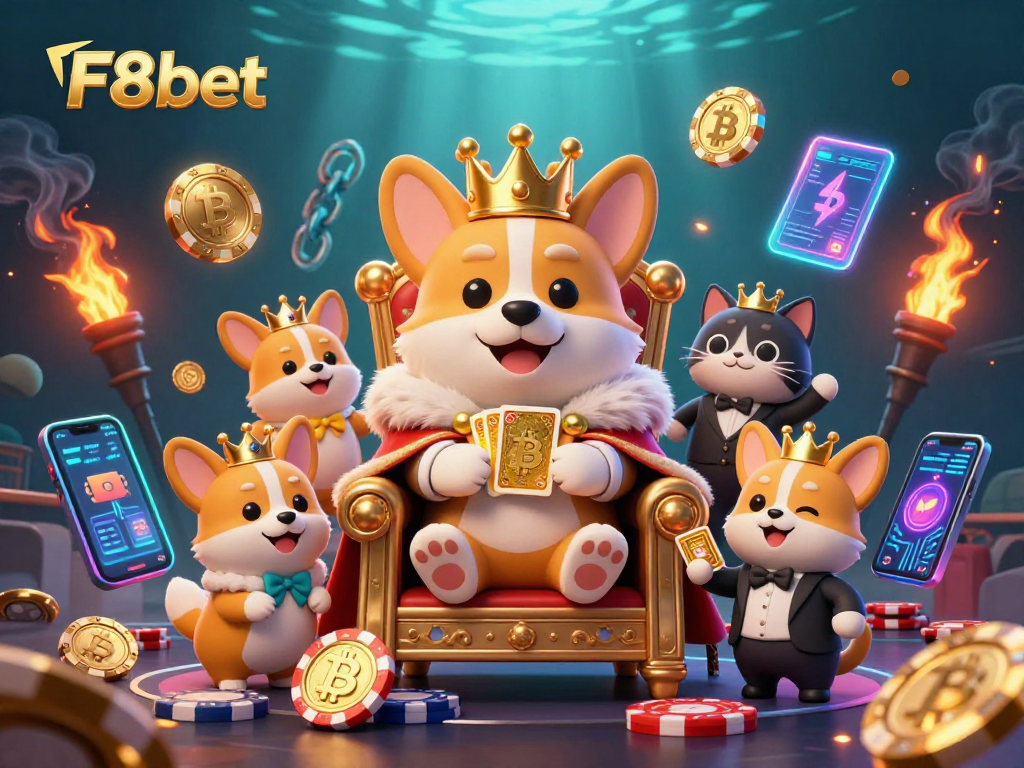 Experience the entertainment of F8bet with a dynamic 3D illustration featuring royal characters and crypto elements.