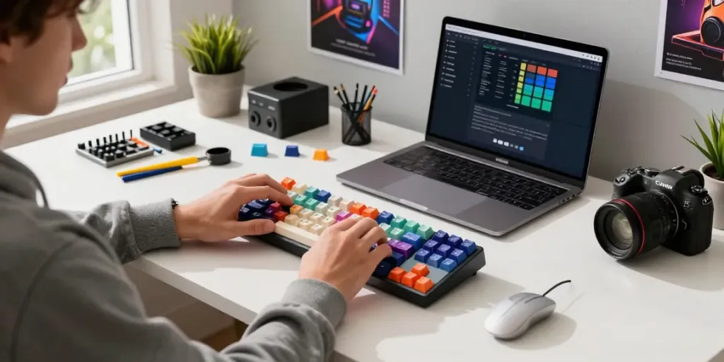 Customizing a unique Geek Keyboard in a tech workspace with colorful keycaps and tools.