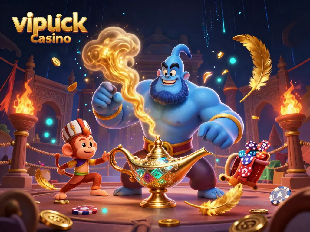 Experience thrilling gameplay at vipluck casino with a genie, adorable monkey, and magic flying carpet.
