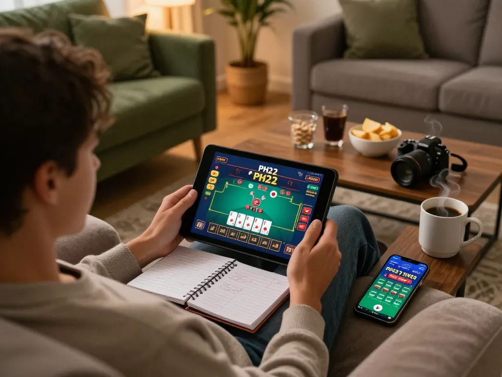 Engaging with PH22 online casino through a tablet while managing poker strategies in a cozy home setting.