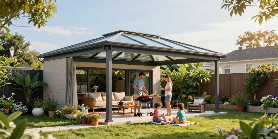 Moderne Terrassenüberdachung freistehend im Garten mit Familie beim Grillen.