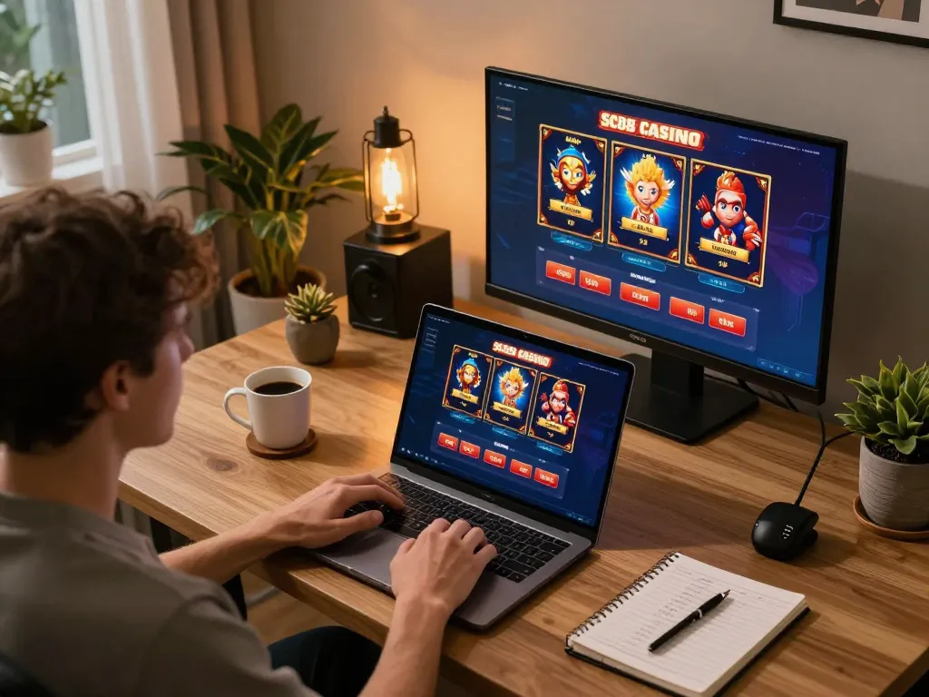 Engaging online gaming scene showcasing SC88 app usage with cozy home office decor and strategic notes.