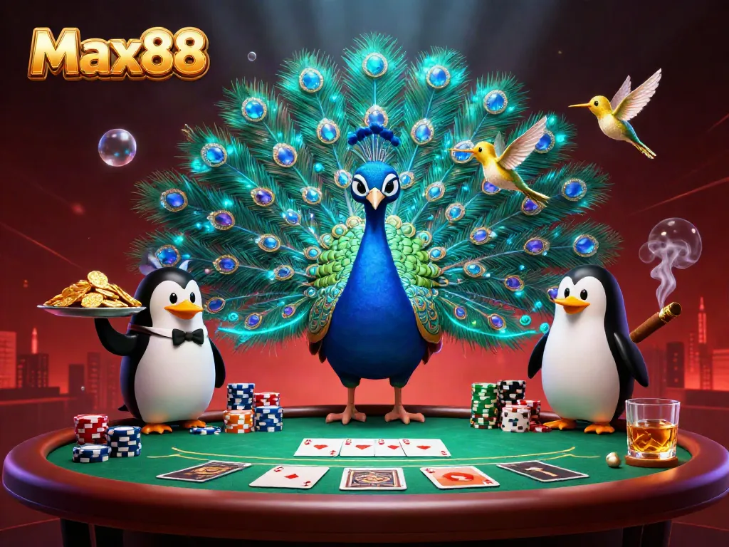 Max88 captures a vibrant casino scene with a colorful peacock, penguin butler, and hummingbird.