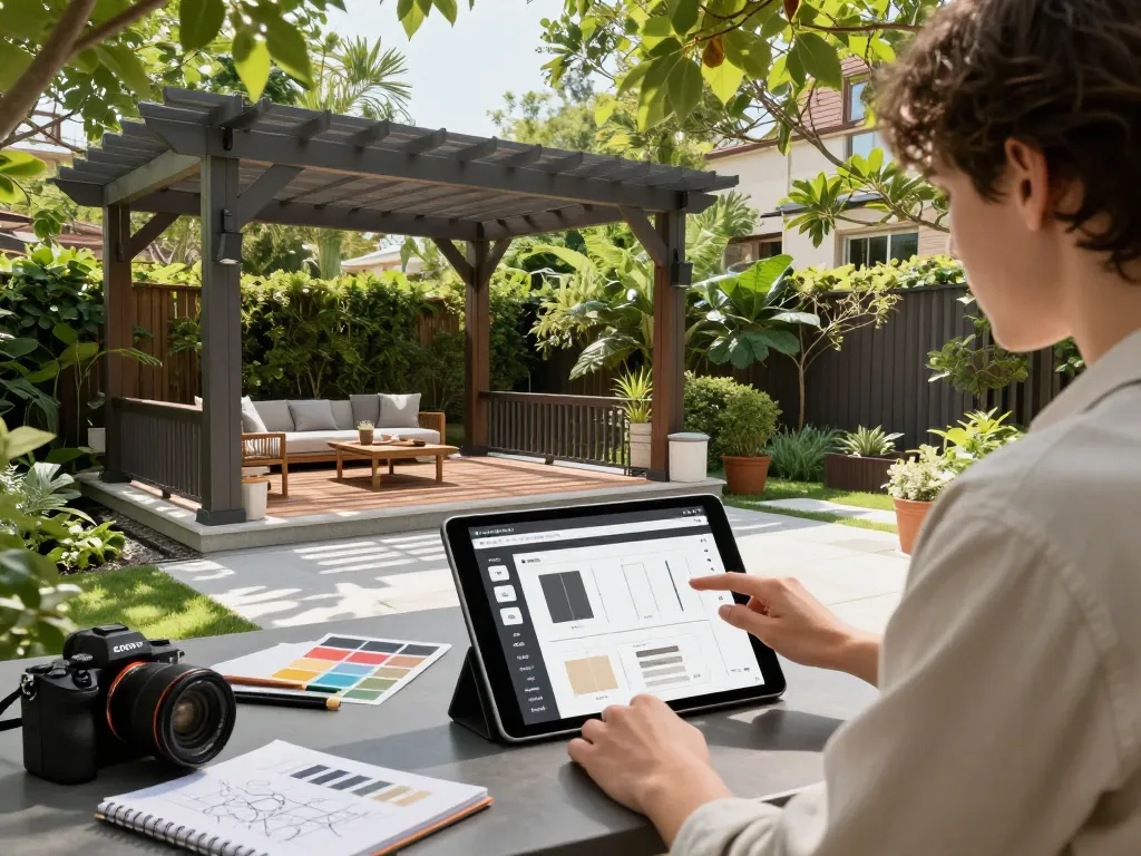 Fesselnde Atmosphäre mit einem Benutzer, der einen Veranda 3D Konfigurator auf einem Tablet bedient, umgeben von einer stilvollen Pergola und üppigem Garten.