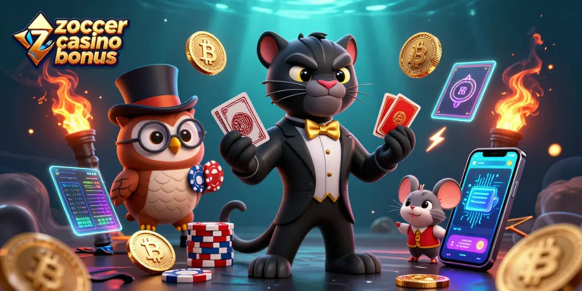 Engage with the zoccer casino bonus featuring a stylish black panther dealer and charming cartoon characters amidst vibrant casino elements.