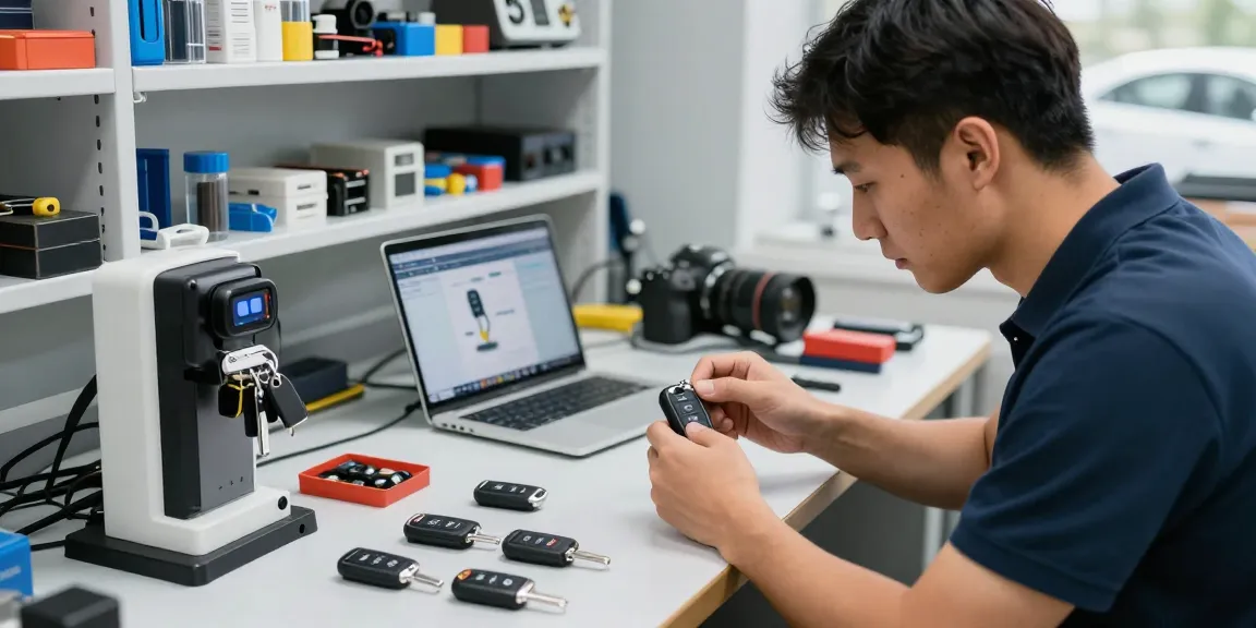 Experte bei der Programmierung eines Autoschlüssels in einer Werkstatt, umgeben von verschiedenen Schlüsselteilen.