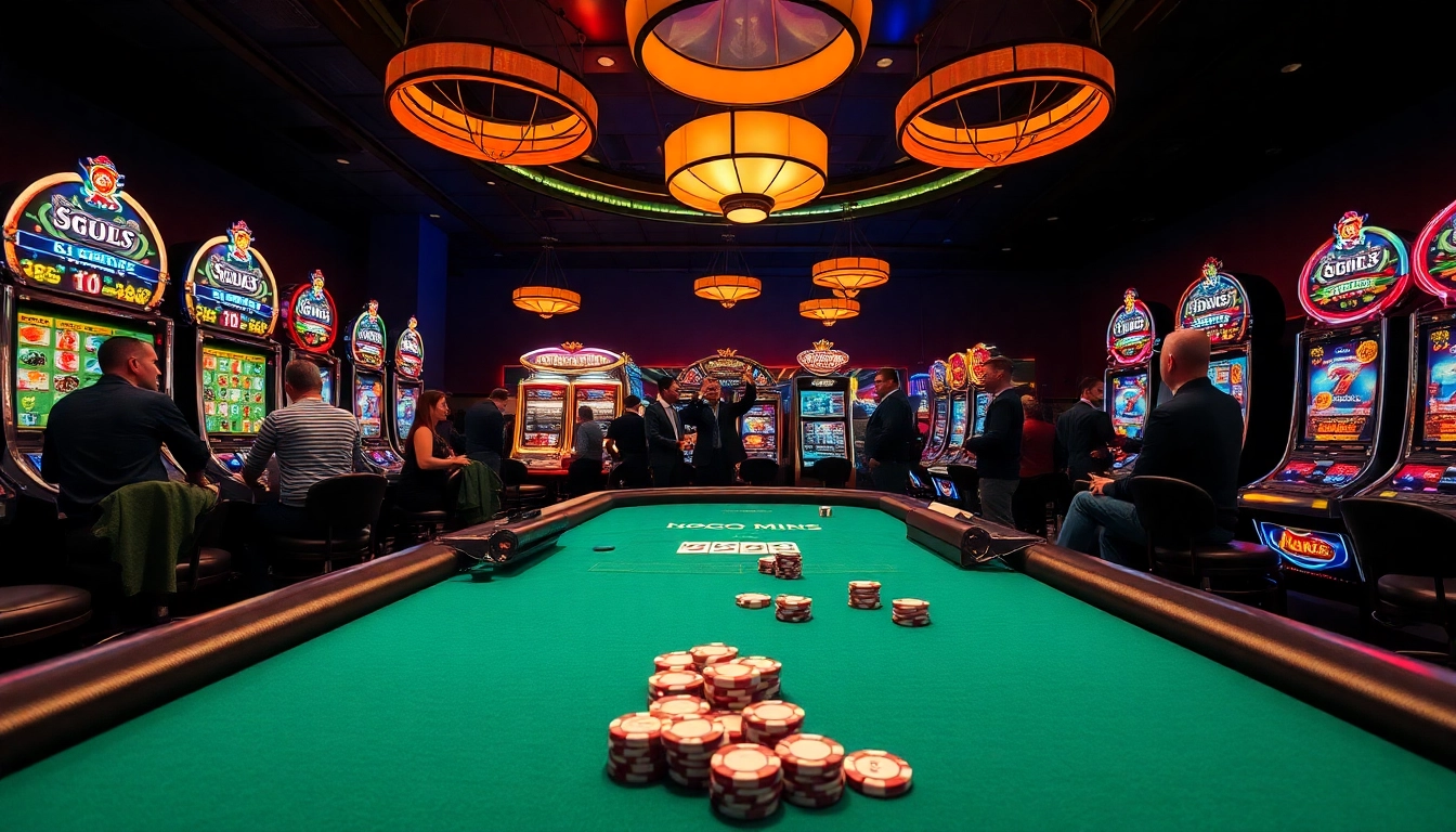 Spiele auf casinospielen.de in einem lebhaften Casino mit Neonlichtern und Spieltischen.