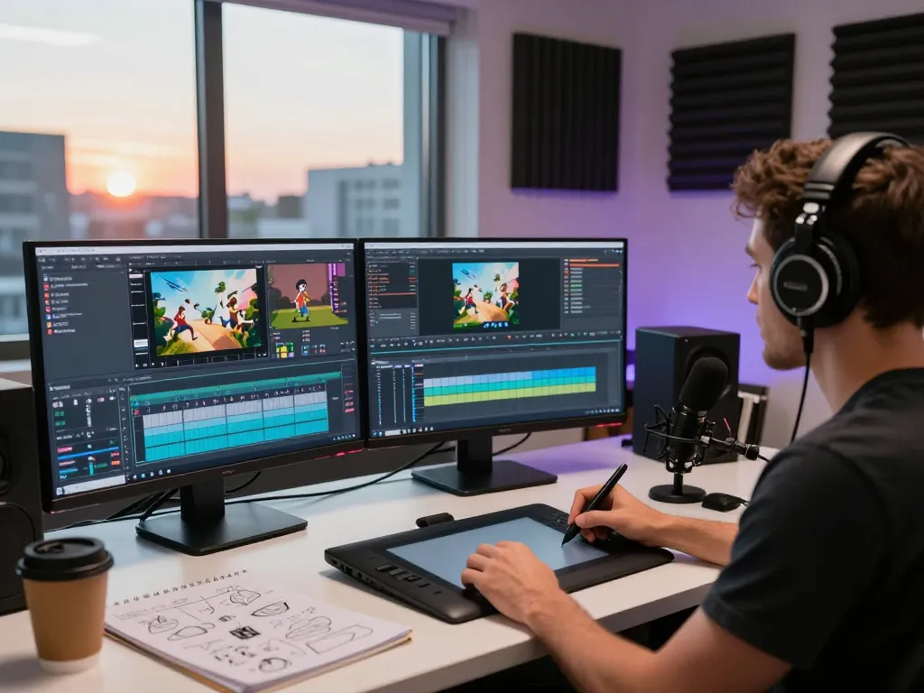 Creating animations with motion control ai in a professional video editing studio filled with modern technology.
