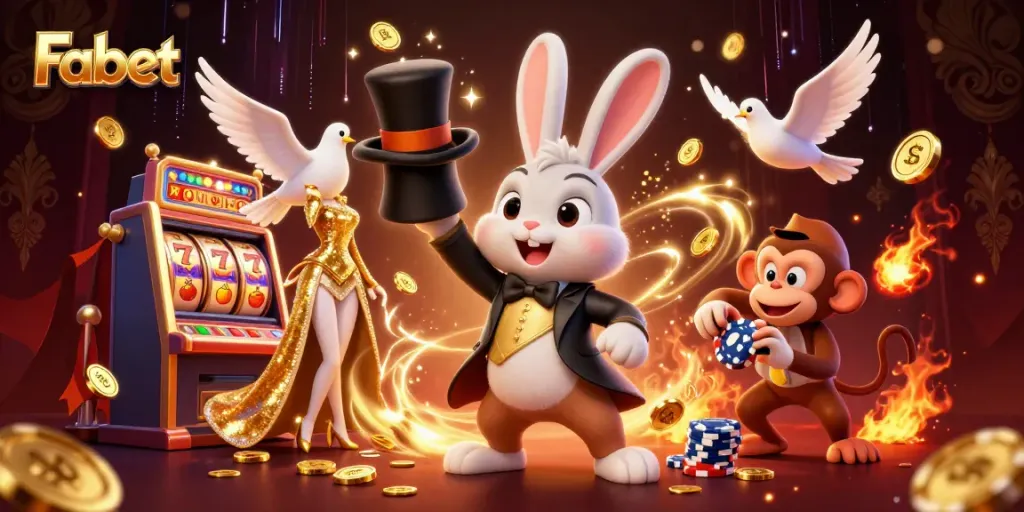 Experience the thrill of Fabet with a dazzling illustration of magical characters in a casino scene.