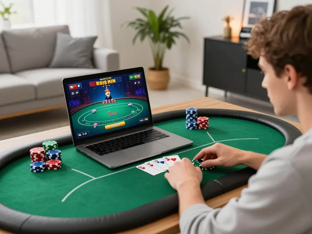 Player strategizing in online poker game at home, focusing on sc 88 play style with colorful chips and a cozy atmosphere.