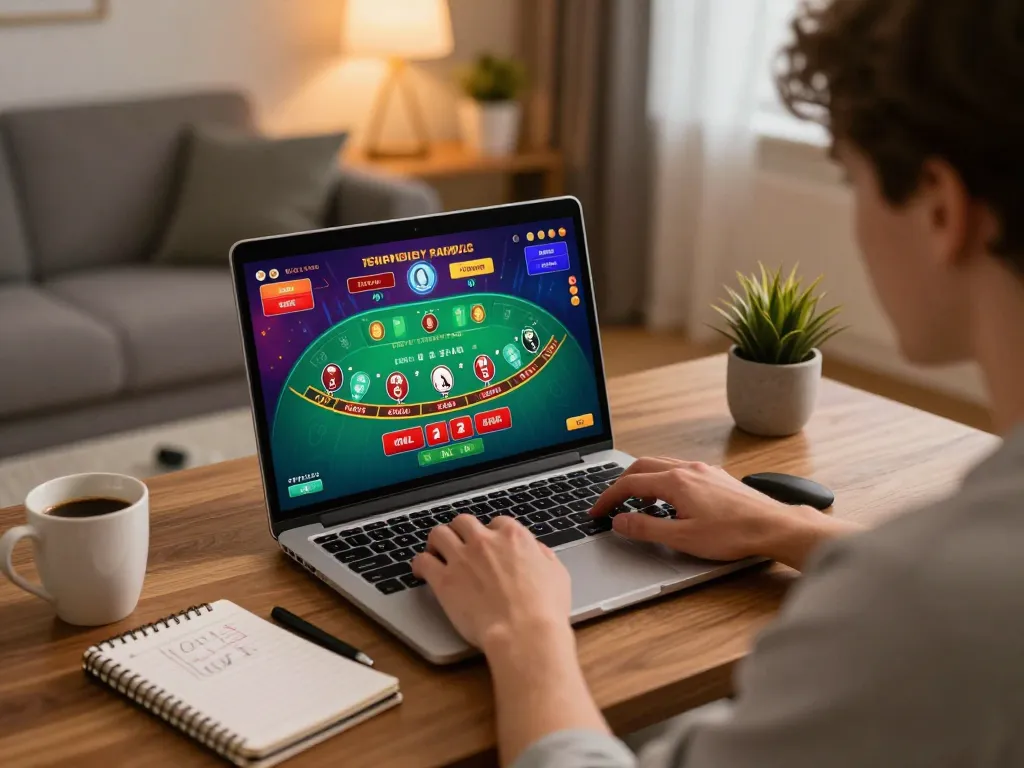 bsport player engaging in a blackjack game at home while reviewing betting strategies.