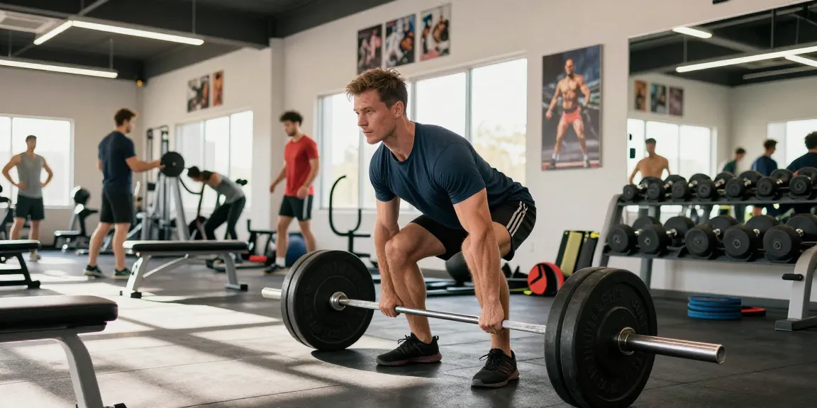 Kraftsportler hebt Gewichte in einer Fitnessstudio-Umgebung im Steroidshop und zeigt Stärke und Entschlossenheit.