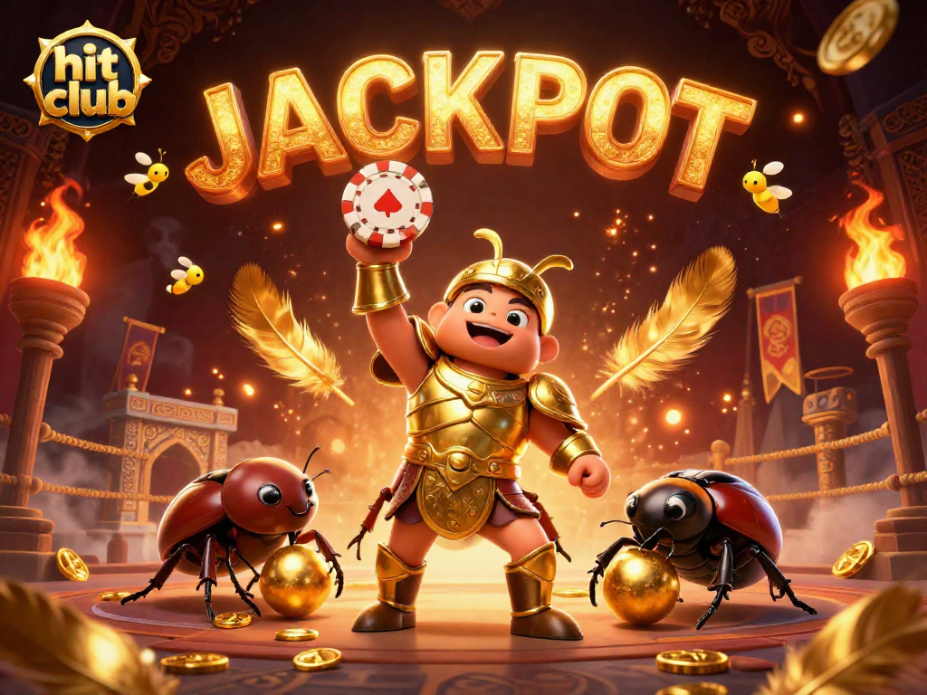 Hit club celebrates victory with dynamic 3D cartoon beetles amidst a rich casino atmosphere.