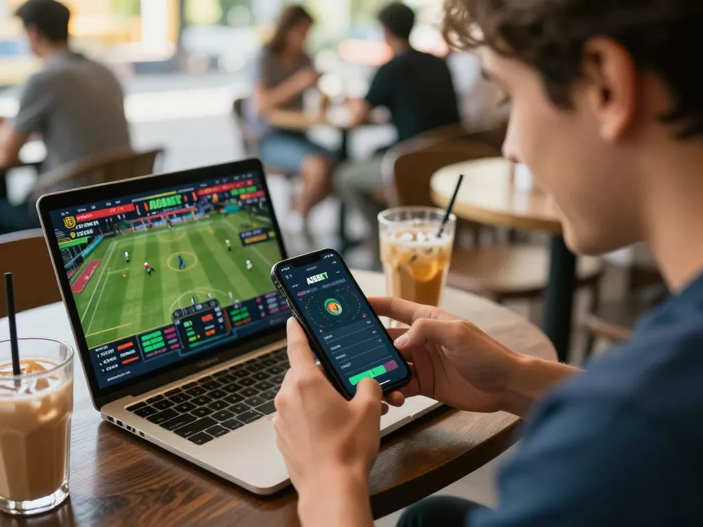 Place bets on AI88BET using a smartphone, enjoying a lively cafe setting with vibrant sports atmosphere