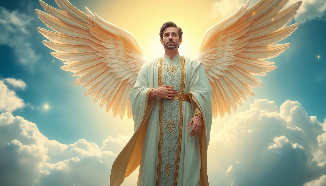 Erzengel Gabriel in majestic pose, radiating light and divinity in a celestial setting.