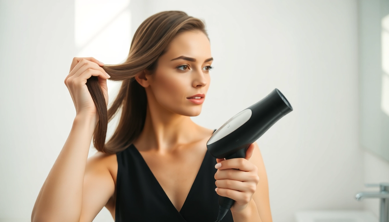 Der laifen haartrockner wird von einem Model in einem modernen Badezimmer verwendet.