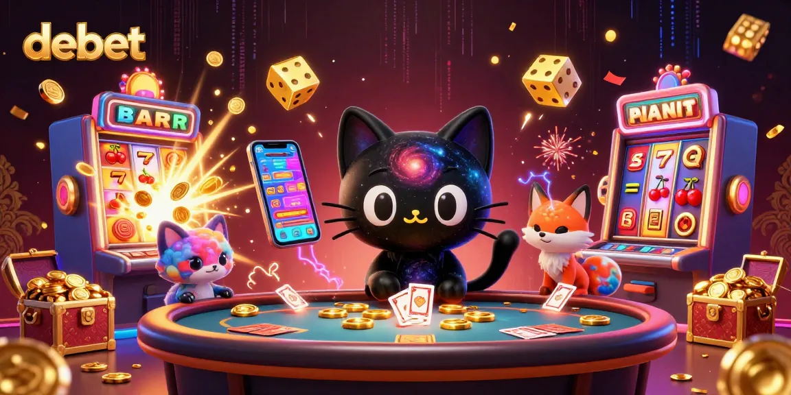 Experience the thrilling debet casino world as the black hole cat and nebula fox draw in golden chips amidst vibrant game elements.