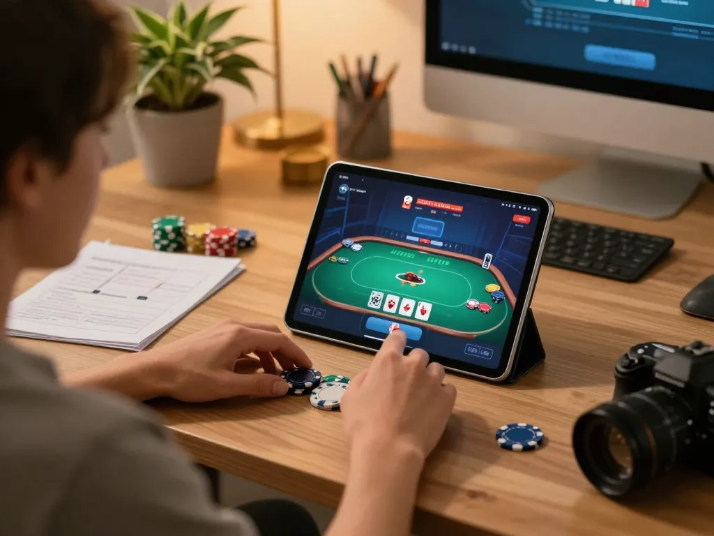 Player enjoying F168 poker strategy on tablet, showcasing home gaming setup.
