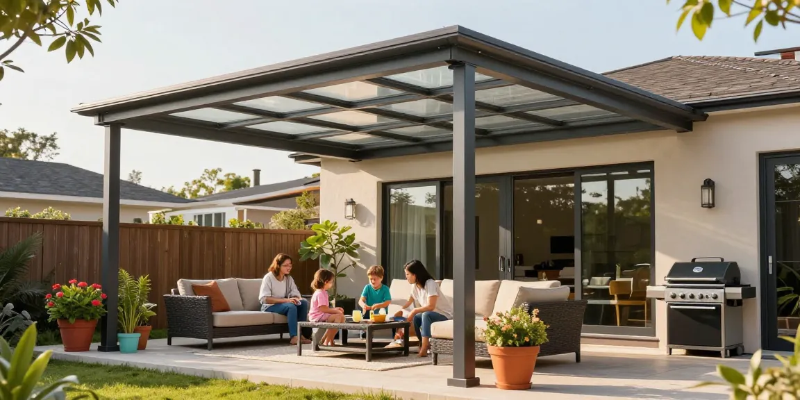 Terrassenüberdachung in einem modernen Außenbereich mit Familie und Pflanzen.