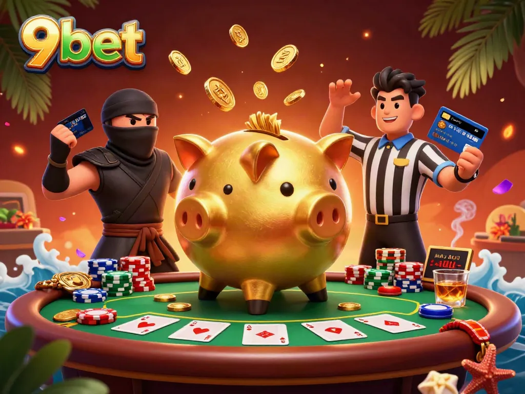 9bet showcases an engaging 3D illustration featuring a golden piggy bank sumo wrestler and poker elements.