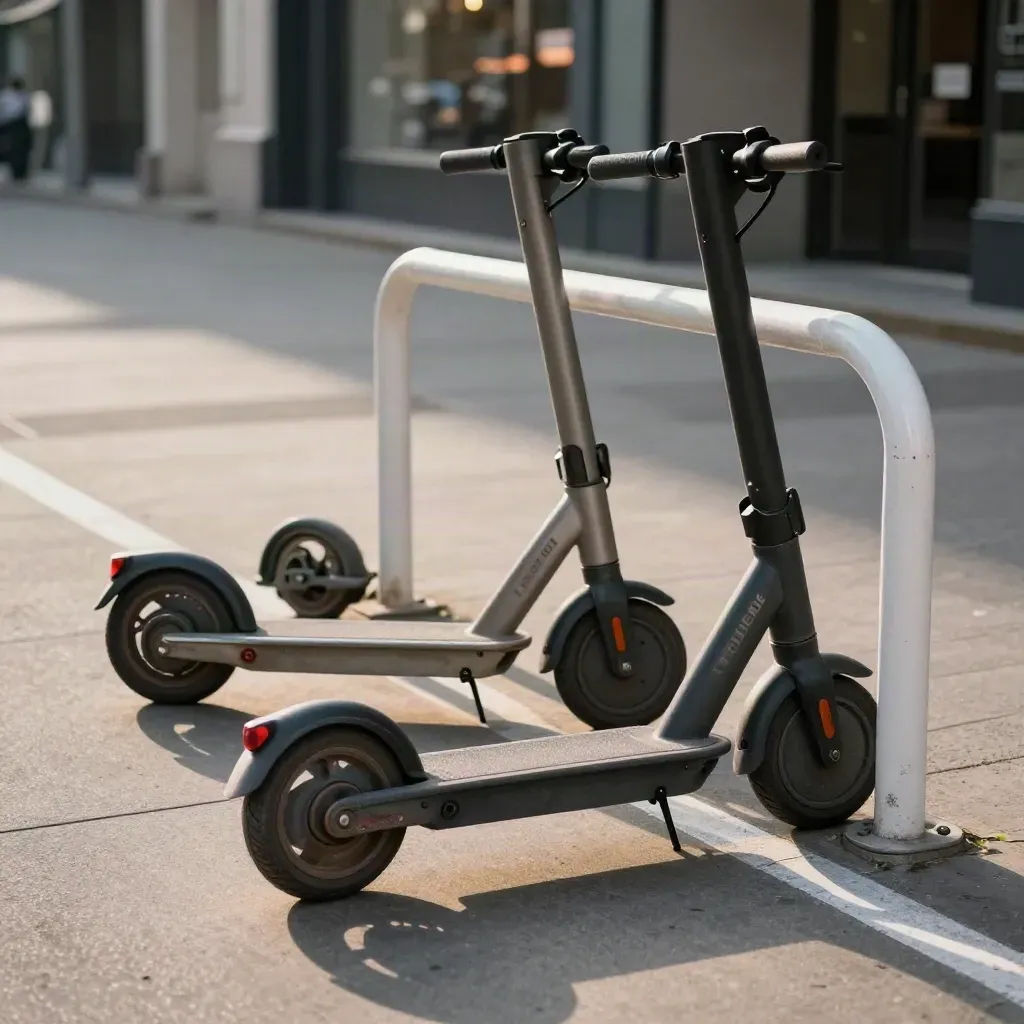 Ordentlicher E-Scooter-Stellplatz am Bordstein mit weißem Bügel und schräg geparkten Scootern