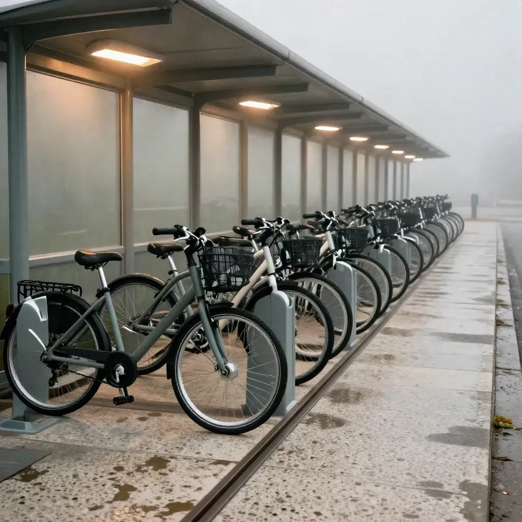 Fahrrad-Sharing-Station mit Docking-Reihen, Fahrrädern und Morgennebel