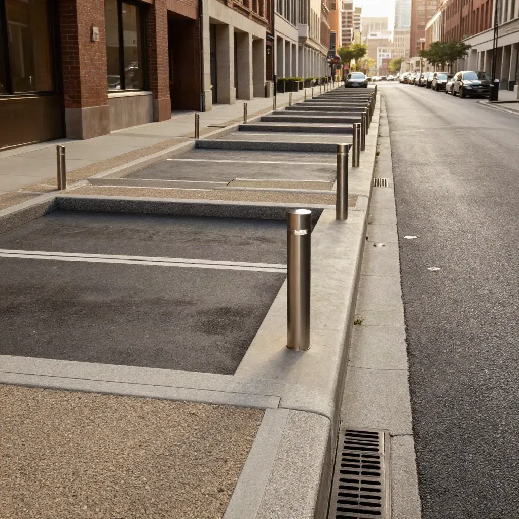 Neugestaltete Blockkante mit Fahrgasse, Ladezone und Parkbuchten in urbaner Architektur.