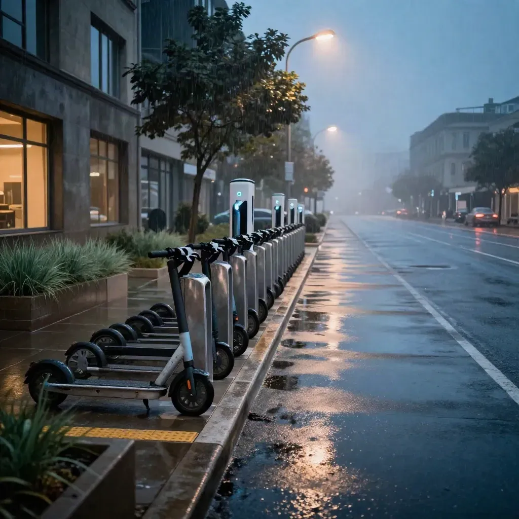 Urbanes Mobilitäts-Hub an nasser Bordsteinkante im Morgengrauen mit Bike-Share, Scootern und Ladesäulen