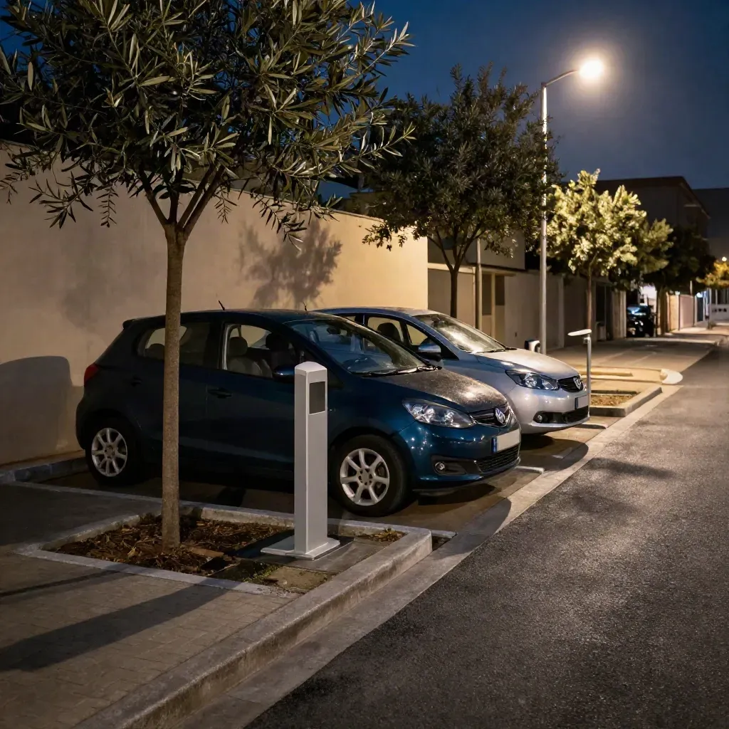 Zwei Carsharing-Kleinwagen an einer Bordsteinbucht bei jungen Bäumen im Abenddunst.