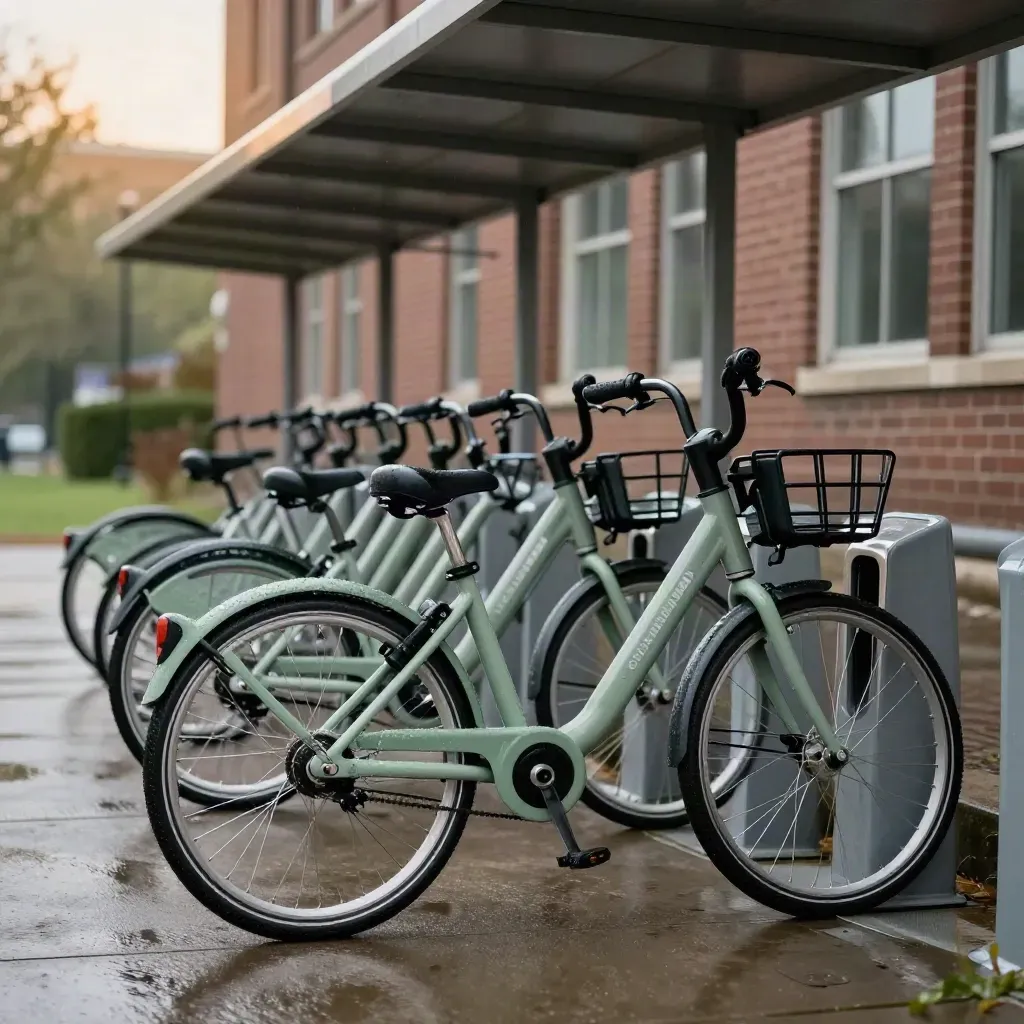 Bike-Sharing-Station auf dem Campus Essen mit nassen Rädern und schlankem Vordach nach Regen.