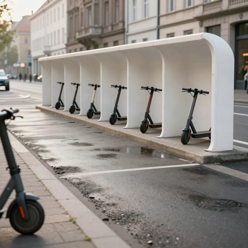 Geordnete E-Scooter-Abstellzone an einer Kölner Straße mit weißen Markierungen.