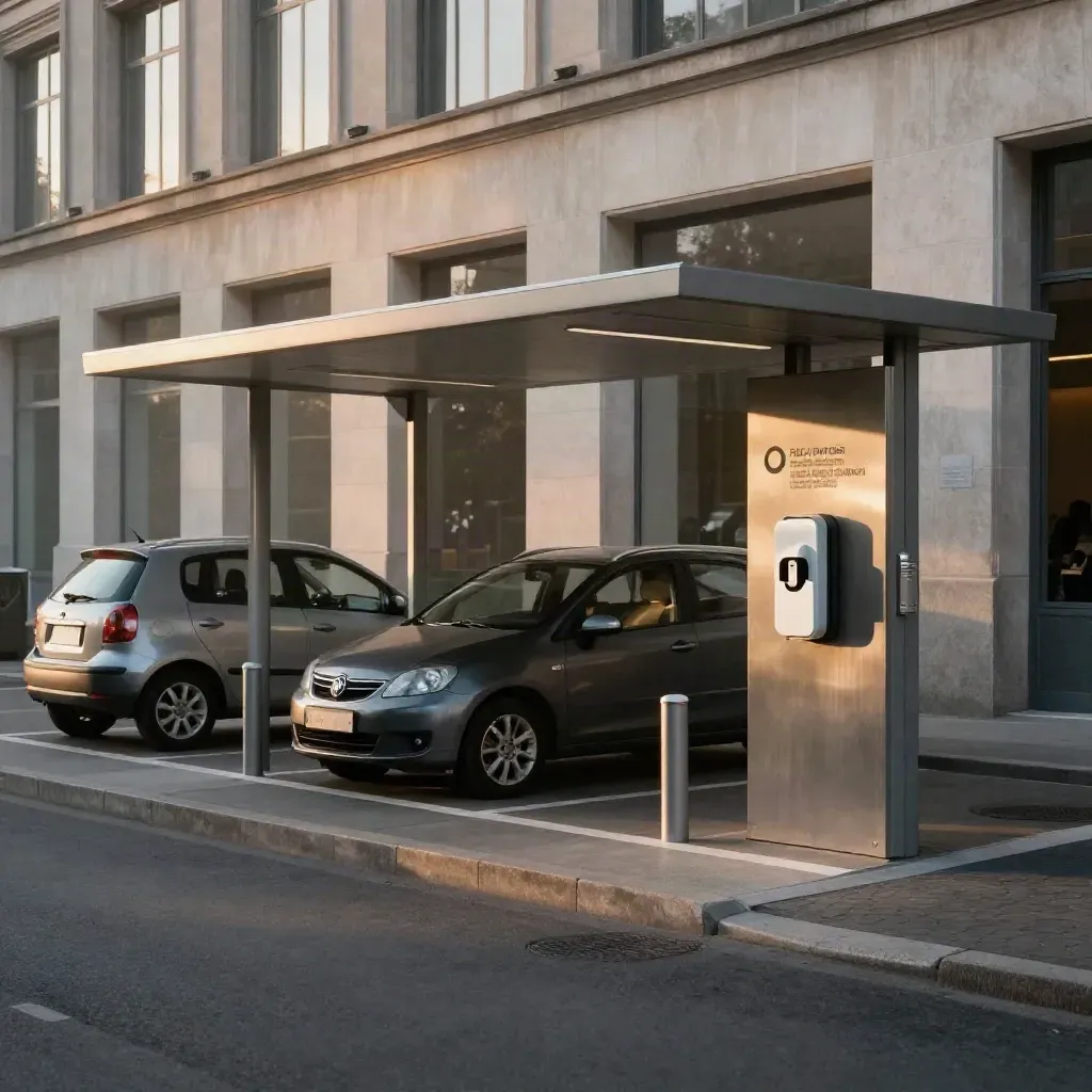 Zwei Carsharing-Autos am Rathaus unter einem sauberen Vordach bei Abendlicht
