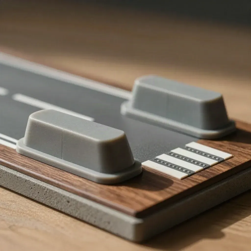 Miniatur-Modell einer Verkehrskreuzung mit Bordstein, Fahrbahntrenner und Fußgängerinsel im Studio.