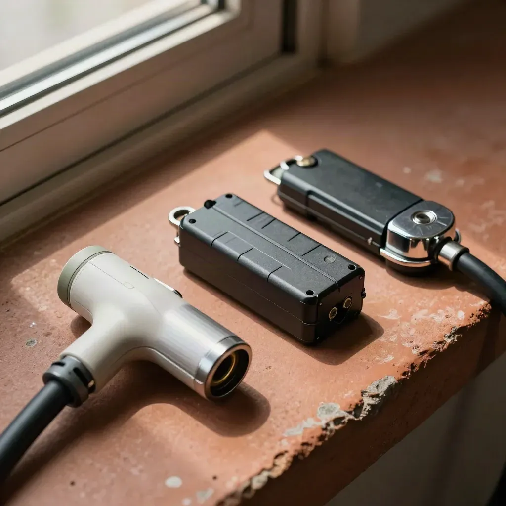 Ladezubehör für E-Mobilität auf Terrakotta-Beton: Stecker, Dock-Schlüssel, Batteriemodul, Kappe.