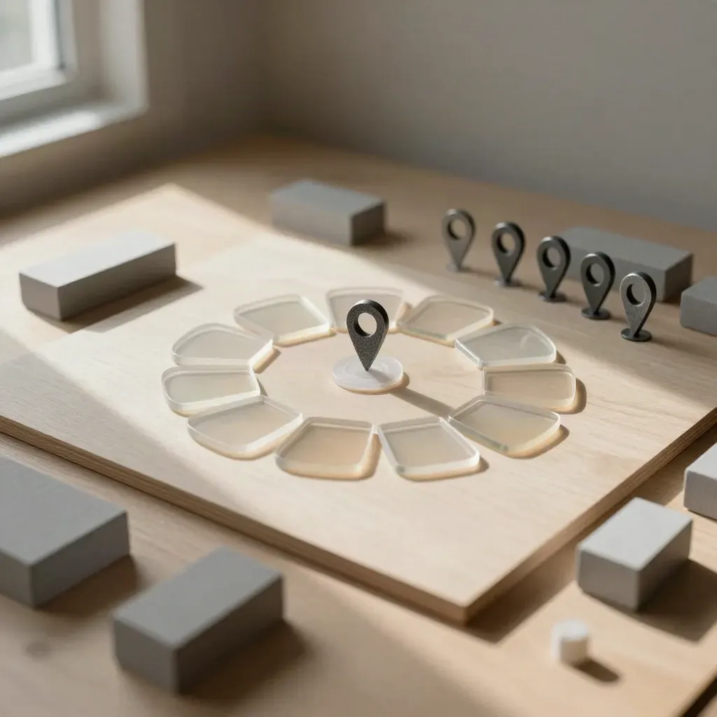 Site-Modelle, Zonenchips und Pins auf hellem Holz für eine Bedarfsanalyse.