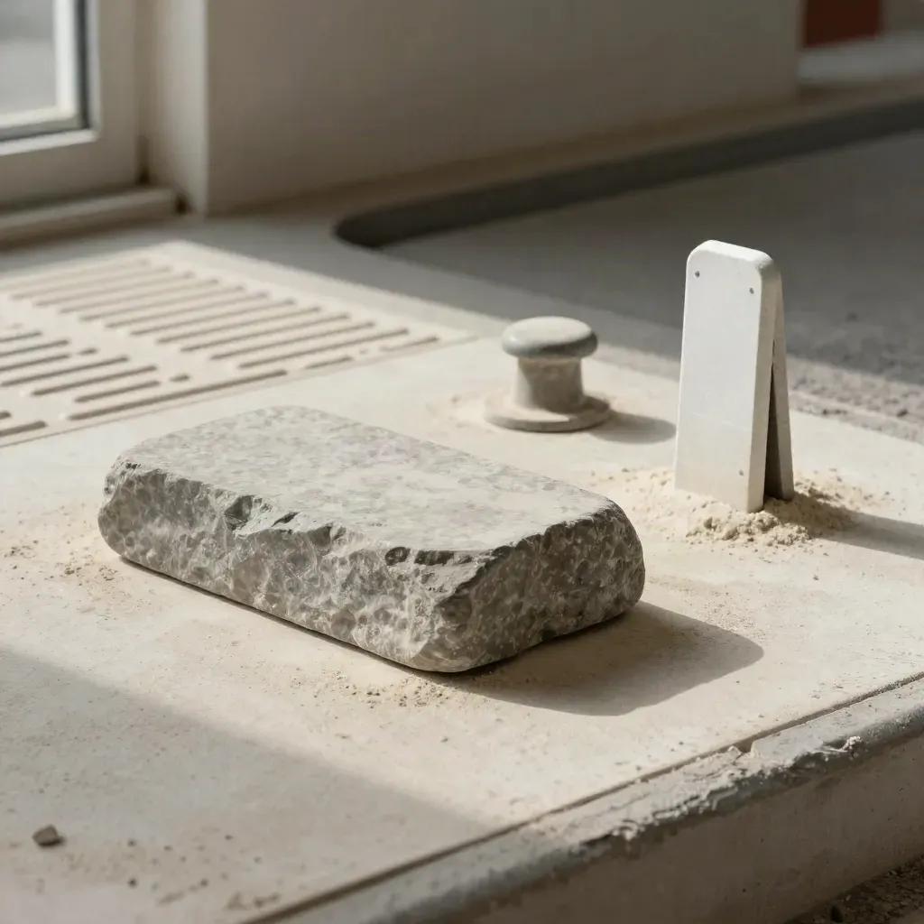 Kantenstein, Tastplatte, Pollerkappe und Kreidemarkierung auf hellem Beton im weichen Licht.