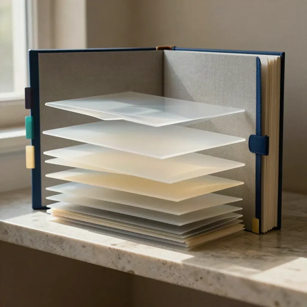 Acetat-Lagen und Notizbuch mit blauen Trennlaschen auf einer Steinablage