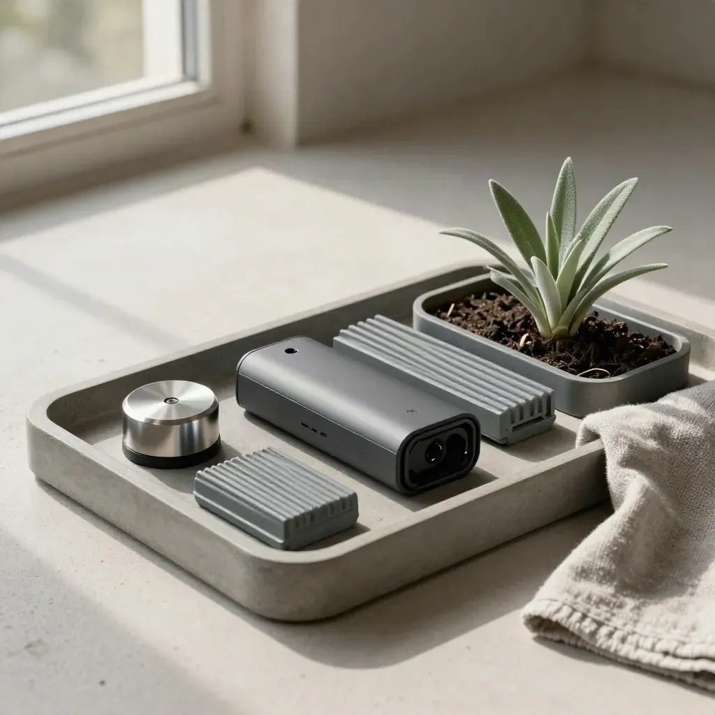 Modulares Urban-Mobility-Set auf Betontray mit Dockingpfosten, Ladekappe, Trennelement und Grünsample.