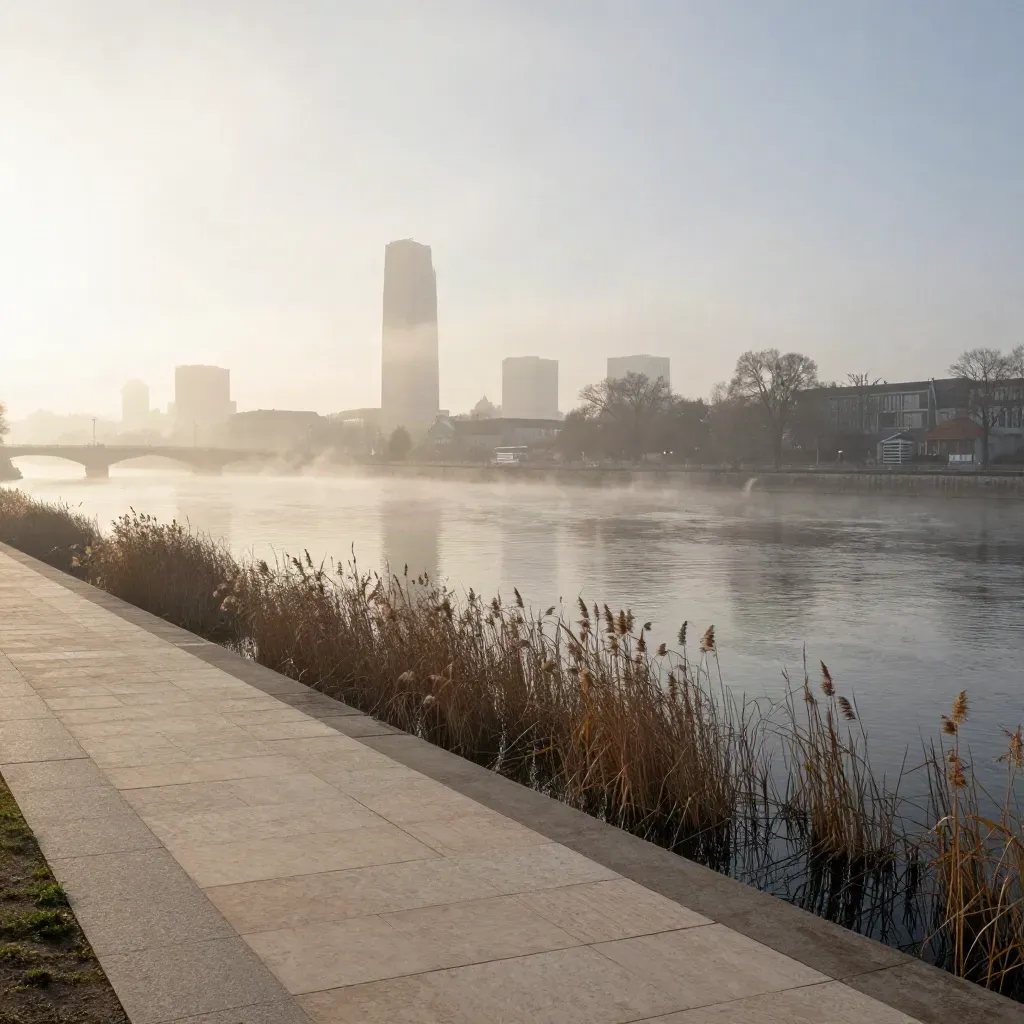 Morgendlicher Blick über die Spree auf Berlins Skyline im Nebel.
