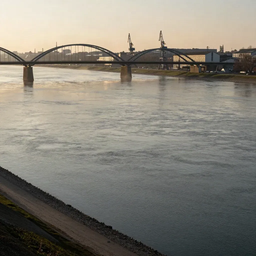Rhein-Panorama mit Brücken, Kränen und ruhigem Wasser im warmen Abendlicht