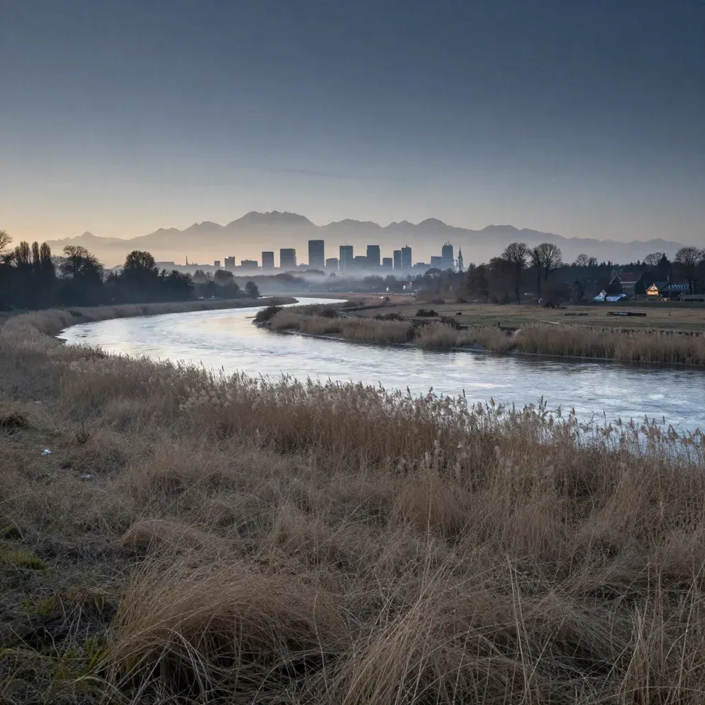 Isarauen bei München in der blauen Stunde, mit Skyline und fernen Alpen im Nebel.
