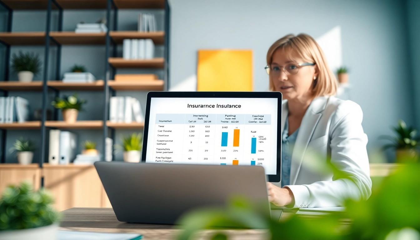 Versicherungsvergleich: Finanzberater analysiert Versicherungsoptionen am Laptop in modernem Büro.